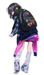 Rule 34 | 1girl, absurdres, backpack, bag, black eyes, black hair, black scarf, blue jacket, clothes around waist, covered mouth, enpera, from behind, full body, gishiki (gshk), grey footwear, highres, jacket, jacket around waist, kiss (rock band), kneepits, leaning forward, leg warmers, long sleeves, looking at viewer, looking back, misfits, nofx, original, patch, pin, red hot chili peppers, scarf, scarf over mouth, shoes, solo, standing, the clash, the who, track jacket