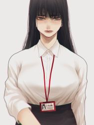 Rule 34 | 1girl, black hair, black skirt, blouse, breasts, closed mouth, collared shirt, green eyes, high-waist skirt, hoshi san 3, id card, lanyard, large breasts, long hair, long sleeves, looking at viewer, mole, mole under eye, mole under mouth, office lady, original, shirt, simple background, skirt, solo, white background, white shirt, wing collar