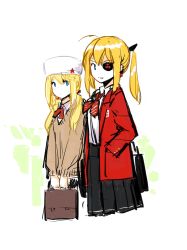 Rule 34 | 2girls, bag, black skirt, blonde hair, blue eyes, braid, briefcase, brown sweater, chinese commentary, commentary request, eyepatch, fur hat, girls&#039; frontline, hair between eyes, hat, highres, holding, holding briefcase, jacket, long hair, looking at viewer, miharu (cgsky), multiple girls, necktie, open clothes, open jacket, pleated skirt, ppsh-41 (girls&#039; frontline), red jacket, red necktie, school bag, school uniform, shirt, skirt, skorpion (girls&#039; frontline), smile, sweater, twintails, ushanka, white shirt