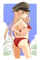 Rule 34 | 10s, 1girl, alternate costume, ass, bikini, bismarck (kancolle), blonde hair, blush, breasts, cropped legs, green eyes, hat, highres, kantai collection, large breasts, long hair, looking at viewer, looking back, military hat, ohta yuichi, outdoors, peaked cap, red bikini, side-tie bikini bottom, sideboob, solo, sweat, swimsuit, underboob