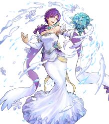 Rule 34 | 1girl, bare shoulders, blue flower, blue rose, bouquet, breasts, detached collar, detached sleeves, dress, feather trim, female focus, fire emblem, fire emblem: the binding blade, fire emblem heroes, flower, full body, hair ornament, highres, holding, holding bouquet, juno (fire emblem), long hair, long skirt, low ponytail, matching hair/eyes, medium breasts, nintendo, official art, open mouth, purple eyes, purple hair, rose, skirt, smile, snow, snowflakes, solo, strapless, strapless dress, transparent background, uroko (mnr), wedding dress, white dress