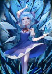 Rule 34 | 1girl, :d, blue bow, blue dress, blue eyes, blue hair, bow, cirno, dress, fang, hair bow, highres, ice, ice wings, looking at viewer, murumuru (pixiv51689952), open mouth, short hair, short sleeves, smile, standing, touhou, wings