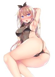 Rule 34 | 1girl, anus, armpits, arms up, ass, bad id, bad twitter id, bare shoulders, blonde hair, blue eyes, blush, bow, breasts, cameltoe, gloves, hair bow, hairband, heart, heart-shaped pupils, highres, hirari, large breasts, long hair, looking at viewer, original, see-through, simple background, solo, symbol-shaped pupils, thighs, tongue, tongue out, underwear, white background