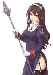Rule 34 | 1girl, alternate costume, ashigara (kancolle), black thighhighs, brown eyes, brown hair, cosplay, cross, garter straps, gloves, hairband, jewelry, kantai collection, latin cross, long hair, looking at viewer, necklace, priest (ragnarok online), ragnarok online, rokuwata tomoe, simple background, solo, standing, thighhighs, weapon, white background