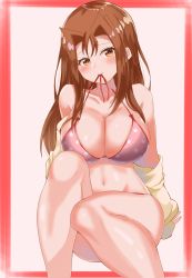 Rule 34 | 1girl, bikini, blush, border, breasts, brown eyes, brown hair, cleavage, feet out of frame, highres, ibispaint (medium), kawai shizuka, large breasts, long hair, looking at viewer, mouth hold, navel, pink background, pink bikini, polka dot, polka dot bikini, red border, solo, swimsuit, user yghp5732, yu-gi-oh!, yu-gi-oh! duel monsters