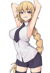 Rule 34 | 1girl, armpits, arms up, bare shoulders, blonde hair, blouse, blush, braid, braided ponytail, breasts, collared shirt, elfenlied22, fate/apocrypha, fate (series), grey shorts, highres, jeanne d&#039;arc (fate), jeanne d&#039;arc (girl from orleans) (fate), jeanne d&#039;arc (ruler) (fate), large breasts, long braid, long hair, looking at viewer, necktie, purple eyes, shirt, shorts, simple background, single braid, sleeveless, sleeveless shirt, smile, thighs, very long hair, white background, white shirt