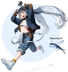 Rule 34 | 1girl, arms up, belt, blue headwear, blue pants, brown gloves, cuffs, fish, flying fish, full body, gloves, goggles, goggles on head, grey hair, highres, jacket, long hair, long sleeves, midriff, nike (company), nike air force 1, open clothes, open jacket, open mouth, orange eyes, original, overalls, pants, personification, print shirt, rinotuna, shirt, shoes, smile, solo, standing, suspenders, twintails, very long hair, white footwear, white shirt