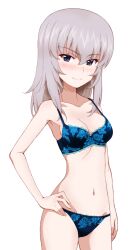 Rule 34 | 1girl, blue eyes, blush, bra, breasts, cleavage, closed mouth, collarbone, girls und panzer, grey hair, hand on own hip, highres, itsumi erika, kayabakoro, lingerie, long hair, looking at viewer, navel, panties, small breasts, smile, solo, underwear