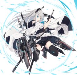 Rule 34 | 1girl, anchor symbol, animal ears, arm up, azur lane, black gloves, black skirt, blue eyes, cannon, closed mouth, commentary request, dress, gloves, grey hair, hair between eyes, half gloves, highres, holding, holding sword, holding weapon, katana, kawakaze (azur lane), long hair, long sleeves, machinery, nagishiro mito, pleated skirt, ribbon-trimmed sleeves, ribbon trim, simple background, skirt, solo, sword, torpedo launcher, turret, v-shaped eyebrows, very long hair, weapon, white background, white dress, wide sleeves