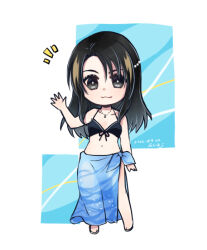 Rule 34 | 1girl, :3, bare shoulders, belly, bikini, black bikini, black hair, blue background, blue sarong, chibi, commentary request, dated, final fantasy, final fantasy viii, gem, grey eyes, hand up, hiryuu (kana h), jewelry, multicolored hair, navel, necklace, notice lines, pearl (gemstone), pearl hair ornament, rinoa heartilly, sarong, signature, smile, solo, square background, standing, streaked hair, summer, swimsuit, waving