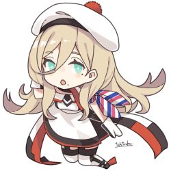 Rule 34 | 1girl, beret, blonde hair, blue eyes, chibi, commentary request, dress, gloves, hair between eyes, hat, ichiroku (sakumogu-029), kantai collection, long hair, mole, mole under eye, mole under mouth, multicolored clothes, multicolored dress, multicolored gloves, multicolored scarf, pom pom (clothes), richelieu (kancolle), scarf, simple background, solo, strapless, strapless dress, thighhighs, two-tone dress, two-tone gloves, two-tone legwear, white background