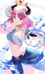 Rule 34 | 1girl, absurdres, aqua eyes, arm up, blue skirt, breasts, brooch, calin, circlet, cowboy shot, crop top, dancer, detached sleeves, genshin impact, harem outfit, highres, horns, jewelry, long hair, long sleeves, looking at viewer, medium breasts, navel, neck ring, nilou (genshin impact), outstretched hand, parted bangs, parted lips, puffy long sleeves, puffy sleeves, red hair, skirt, solo, stomach, thighs, twintails, veil, water