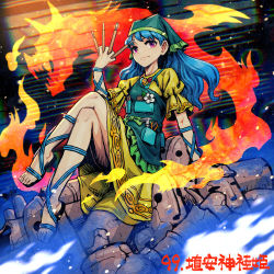 Rule 34 | 1girl, apron, between fingers, blue hair, bow, character name, chisel, dress, fire, flower, frilled apron, frills, green bow, haniwa (statue), haniyasushin keiki, head scarf, holding, long hair, lowres, magatama, magatama necklace, meimaru inuchiyo, necklace, purple eyes, sandals, short sleeves, sitting, statue, tools, touhou, yellow dress