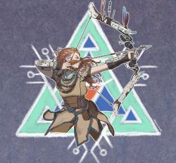 Rule 34 | absurdres, aloy (horizon), beaded necklace, beads, belt, bow (weapon), braid, cowboy shot, dreadlocks, earpiece, facing to the side, freckles, hair beads, hair ornament, highres, holding, holding bow (weapon), holding weapon, horizon (video game), horizon zero dawn, huge filesize, jewelry, looking away, multiple braids, necklace, pelt, readying weapon, roviahc, solo, tribal symbol, utility belt, weapon