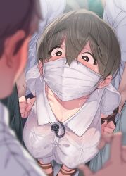 Rule 34 | 1boy, 1girl, absurdres, blurry, blush, breasts, brown eyes, brown hair, cleavage, collarbone, collared shirt, crowd, depth of field, gag under mask, hair between eyes, highres, large breasts, mask, mouth mask, original, see-through, shirt, short hair, solo focus, surgical mask, sweat, train interior, white shirt, wide-eyed, yomoda yomo