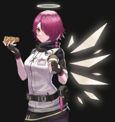 Rule 34 | 1girl, apple pie, arc2urus, arknights, belt, black background, black belt, black gloves, breasts, brown eyes, coffee cup, commentary, cowboy shot, cup, disposable cup, drinking straw, exusiai (arknights), fingerless gloves, food, gloves, hair over one eye, halo, hands up, high collar, highres, holding, holding cup, holding food, id card, jacket, looking at viewer, medium breasts, pie, pouch, raglan sleeves, red hair, short hair, short sleeves, simple background, solo, standing, white jacket, wings