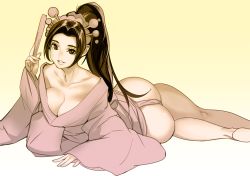 Rule 34 | 1girl, ass, breasts, cleavage, collarbone, dytm, fatal fury, folding fan, hair ornament, hand fan, japanese clothes, kimono, large breasts, legs, long hair, long sleeves, looking at viewer, monochrome, parted lips, ponytail, sepia, shiranui mai, solo, the king of fighters, thighs, wide hips, yukata