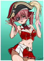 Rule 34 | absurdres, belt, blush, breasts, buttons, choker, cleavage, cpt.tester works, crop top, eyepatch, gold trim, hands up, hat, highres, hololive, houshou marine, jewelry, lipstick, looking at viewer, makeup, medium breasts, midriff, navel, pirate hat, red eyes, red hair, ribbon choker, ribbon trim, simple background, skirt, sleeveless, smile, thighs, virtual youtuber