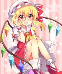Rule 34 | 1girl, :d, adjusting eyewear, arm up, ascot, back bow, blonde hair, blush, bobby socks, bow, buttons, center frills, commentary request, eyelashes, fang, flandre scarlet, frilled shirt collar, frilled skirt, frills, hat, hat ribbon, highres, looking at viewer, mob cap, multicolored wings, open mouth, pink background, puffy short sleeves, puffy sleeves, rainbow order, red eyes, red ribbon, red skirt, red vest, ribbon, rimless eyewear, ruhika, sash, short hair, short sleeves, side ponytail, skirt, smile, socks, solo, star (symbol), starry background, striped, striped background, thighhighs, touhou, upper body, vest, white hat, white sash, white socks, wings, wrist cuffs, yellow ascot