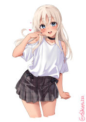 Rule 34 | 1girl, alternate costume, blonde hair, blue eyes, choker, clenched hand, clothing cutout, ebifurya, heart, highres, kantai collection, long hair, looking at viewer, miniskirt, one-hour drawing challenge, open mouth, plaid, plaid skirt, ro-500 (kancolle), shirt, shoulder cutout, simple background, skirt, smile, solo, teeth, twitter username, upper teeth only, v, white background, white shirt