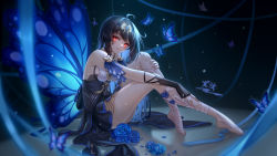 Rule 34 | 1girl, absurdres, ahoge, barefoot, black background, black hair, blue flower, blue rose, bow, bridal gauntlets, bug, butterfly, butterfly wings, flower, glowing, glowing eyes, highres, honkai (series), honkai impact 3rd, insect, insect wings, knee to chest, legs, looking at viewer, red eyes, rose, seele (alter ego), seele vollerei, seele vollerei (starchasm nyx), solo, thighs, toe-point, wings, yelan xing xuan