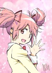 Rule 34 | 1girl, :d, close-up, commentary request, floating hair, from side, gradient background, hair between eyes, hair ribbon, hand up, happy, highres, juliet sleeves, kaname madoka, long sleeves, looking at viewer, looking back, mahou shoujo madoka magica, mahou shoujo madoka magica (anime), mitakihara school uniform, open mouth, pink background, pink eyes, pink hair, puffy sleeves, red ribbon, ribbon, school uniform, shaded face, short twintails, sidelocks, signature, simple background, smile, solo, sparkle, sparkle background, taniguchi jun&#039;ichirou, twintails, uniform, upper body, waving