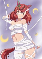 Rule 34 | 1girl, absurdres, animal ears, bandaged arm, bandaged leg, bandages, bare shoulders, blush, breasts, chest sarashi, cleavage, clenched teeth, commentary request, cowboy shot, grey eyes, head tilt, highres, horse ears, kisaragimaru, long hair, looking at viewer, medium breasts, mummy costume, nice nature (umamusume), red hair, sarashi, solo, standing, strapless, teeth, thighs, tube top, twintails, umamusume