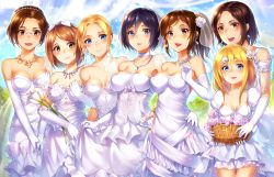 Rule 34 | 6+girls, :d, annie leonhart, bare shoulders, basket, black hair, blonde hair, blue eyes, blue sky, blush, bow, breasts, bridal veil, bride, brown eyes, brown hair, chain necklace, choker, krista lenz, cleavage, cloud, cowboy shot, day, dress, earrings, elbow gloves, flower, frilled dress, frills, glasses, gloves, hair between eyes, hair flower, hair ornament, hange zoe, holding, hug, impossible clothes, impossible dress, jewelry, lily (flower), lineup, long dress, looking at viewer, mikasa ackerman, multiple girls, necklace, open mouth, outdoors, pendant, petite, petra ral, pink rose, ponytail, rimless eyewear, rose, sasha blouse, shingeki no kyojin, short hair, sidelocks, skirt hold, sky, smile, standing, suika01, v arms, veil, waist hug, wedding dress, white gloves, white rose, yellow eyes, ymir (shingeki no kyojin)