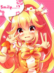 Rule 34 | 10s, 1girl, blonde hair, bow, cure peace, double v, dress, eyelashes, hair flaps, hair ornament, kise yayoi, orange theme, pink background, precure, skirt, smile precure!, solo, tears, urara (sumairuclover), v, wide ponytail, yellow bow, yellow dress, yellow eyes, yellow skirt