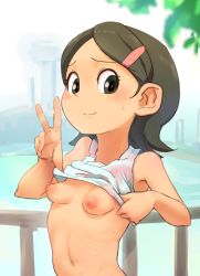 Rule 34 | beyon (inazuma sonikku), black eyes, blush, breasts, brown hair, closed mouth, clothes lift, furrowed brow, hair ornament, hairclip, hands up, highres, inazuma eleven (series), kino aki, lifting own clothes, looking to the side, medium hair, navel, nipples, outdoors, parted bangs, perky breasts, shirt, shirt lift, sleeveless, sleeveless shirt, small breasts, smile, sweat, sweatdrop, upper body, v