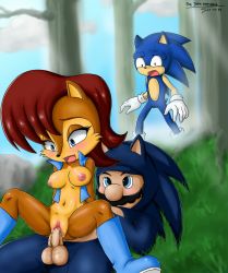 Rule 34 | 1girl, 2boys, animal costume, blush, bottomless, breasts, cheating (relationship), chipmunk, cloud, crossover, cum, cum in pussy, erection, facial hair, fog, forest, furry, girl on top, gloves, happy, happy sex, hedgehog, mario, mario (series), multiple boys, mustache, nature, netorare, nintendo, nipples, outdoors, penis, pussy, reverse cowgirl position, sally acorn, sex, sex from behind, sky, sonic (series), sonic the hedgehog, squirrel, straddling, super mario bros. 1, the dark mangaka, tree, vaginal