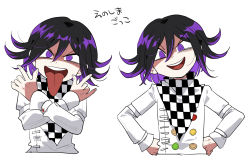 Rule 34 | 1boy, :d, black hair, buttons, checkered clothes, checkered neckwear, checkered scarf, commentary request, crazy eyes, crossed arms, danganronpa (series), danganronpa v3: killing harmony, double-breasted, evil smile, furukawa (yomawari), hair between eyes, highres, jacket, long sleeves, long tongue, looking at viewer, male focus, multicolored hair, open mouth, oma kokichi, pale skin, purple eyes, purple hair, scarf, shaded face, short hair, simple background, smile, straitjacket, tongue, tongue out, translated, two-tone hair, upper body, white jacket