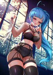 Rule 34 | 1girl, ahoge, artist name, black thighhighs, blue hair, blue nails, blush, breasts, garter belt, glint, highres, holding, holding knife, knife, long hair, medium breasts, nail polish, navel, nose blush, original, parted lips, pinky out, purple eyes, rewolf, shadow, side ponytail, solo, standing, thighhighs, window