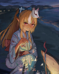 Rule 34 | 1girl, alternate costume, blonde hair, blue bow, blue kimono, bow, breasts, commentary request, dark-skinned female, dark skin, fireworks, floral print, fox mask, grin, hair bow, highres, holding, hololive, japanese clothes, kimono, long hair, long sleeves, looking at viewer, mask, medium breasts, night, outdoors, paserin ekaku, pointy ears, ponytail, red eyes, senkou hanabi, shiranui flare, smile, sparkler, virtual youtuber