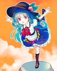 Rule 34 | 1girl, :o, black hat, blouse, blue hair, blue skirt, boots, brown footwear, commentary request, cross-laced footwear, food, fruit, full body, hat, hinanawi tenshi, keystone, lace-up boots, long hair, miniskirt, open mouth, outstretched arms, peach, red eyes, rock, rope, shimenawa, shirt, short sleeves, skirt, solo, standing, standing on one leg, touhou, very long hair, white shirt, zounose