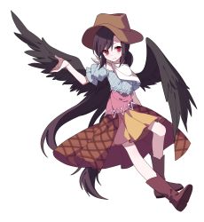 Rule 34 | 1girl, bing zizi, black wings, boots, brown footwear, brown hair, brown hat, closed mouth, cowboy hat, feathered wings, full body, hand up, hat, highres, horse tail, kurokoma saki, long hair, looking at viewer, neckerchief, off shoulder, ponytail, puffy short sleeves, puffy sleeves, red eyes, short sleeves, sidelocks, simple background, skirt, smile, solo, tail, touhou, very long hair, white background, white neckerchief, wings, yellow skirt