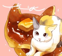 Rule 34 | animal, animal focus, animal hands, butter, calico, cat, cat paws, commentary, food, food focus, highres, light blush, looking at viewer, open mouth, original, pancake, pink background, signature, simple background, sparkle, surumeika (ninfiiiir)