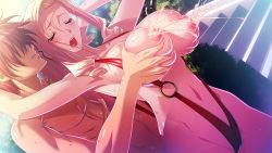 Rule 34 | 10s, 1boy, 1girl, abdominal line, afurodia, blonde hair, blush, grabbing another&#039;s breast, breasts, clothed sex, closed eyes, game cg, grabbing, hetero, huge breasts, kyonyuu fantasy, kyonyuu fantasy gaiden 2, lactation, navel, nipples, open mouth, outdoors, pain, ryuuto henge, sex, slingshot swimsuit, sweat, swimsuit