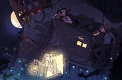 Rule 34 | 1girl, 2boys, 2others, black hair, black pants, black shirt, blonde hair, chain, colored skin, ezreal, fang, fiddlesticks, fingernails, galio, giant, hair between eyes, headband, holding, holding lantern, house, lantern, league of legends, light, long hair, long sleeves, lux (league of legends), moon, multiple boys, multiple others, night, night sky, on roof, on rooftop, outdoors, pants, partially unbuttoned, pectoral cleavage, pectorals, pointy ears, pumpkinhead fiddlesticks, red eyes, sharp fingernails, shirt, short hair, sky, sylas (league of legends), window, zaket07