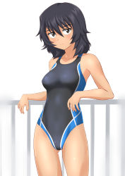 Rule 34 | 10s, 1girl, absurdres, andou (girls und panzer), bad id, bad pixiv id, black hair, black one-piece swimsuit, brown eyes, competition swimsuit, cowboy shot, dark skin, dark-skinned female, girls und panzer, highres, long hair, looking at viewer, one-piece swimsuit, railing, short hair, simple background, solo, swimsuit, takafumi, white background