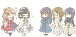Rule 34 | 5girls, alicia (aris lily0418), arm at side, arm up, arms at sides, assault lily, asymmetrical clothes, belt, black-framed eyewear, black dress, black footwear, black hair, blue belt, blue bow, blue dress, blunt bangs, boots, bow, braid, brown hair, buttons, chibi, closed eyes, collared dress, commentary request, dress, dress bow, floral print, french braid, frilled dress, frills, fukuyama jeanne sachie, full body, glasses, green ribbon, grey skirt, hair bow, hair ornament, hair ribbon, hairband, hairclip, heart, high-waist skirt, highres, jewelry, kuroki francisca yuria, light blush, lolita fashion, lolita hairband, long dress, long hair, long skirt, long sleeves, looking at another, low twin braids, low twintails, matsunaga brigitta kayo, medium hair, multiple girls, necklace, no mouth, official alternate costume, one eye closed, one side up, outstretched arm, pantyhose, pendant, plaid, plaid bow, plaid dress, print dress, purple hair, red bow, red dress, red eyes, ribbon, sano matilda kokoro, seto veronica ichika, shoes, short sleeves, simple background, skirt, sleeve bow, solid circle pupils, sparkle, standing, standing on one leg, twin braids, twintails, two-tone dress, white background, white bow, white footwear, white pantyhose, white ribbon, wide sleeves