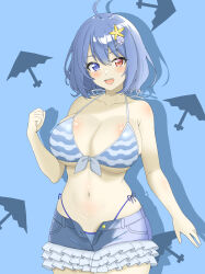 Rule 34 | 1girl, :d, absurdres, ahoge, bikini, blue background, blue bikini, blue eyes, blue hair, breasts, cleavage, commission, commissioner upload, cowboy shot, hair ornament, heterochromia, highres, large breasts, looking at viewer, navel, non-web source, open mouth, red eyes, shell hair ornament, shirokumall, short hair, side-tie bikini bottom, skeb commission, smile, solo, star (symbol), star hair ornament, striped bikini, striped clothes, swimsuit, tatara kogasa, teeth, touhou, touhou lostword, umbrella, upper teeth only, variant set