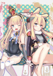Rule 34 | 2girls, azur lane, bare legs, bare shoulders, black panties, blonde hair, blue eyes, blue ribbon, blunt bangs, blush, bow, commentary request, crown, detached collar, detached sleeves, epaulettes, fang, gloves, hair between eyes, hair bow, hairband, highres, holding hands, long sleeves, looking at viewer, mini crown, multiple girls, navel, neck ribbon, one eye closed, open mouth, panties, pout, queen elizabeth (azur lane), ribbon, scarf, schreibe shura, side-tie panties, sidelocks, sitting, skin fang, thighhighs, thighs, underwear, warspite (azur lane), white bow, white gloves, white legwear, white scarf