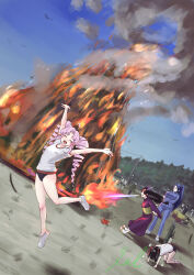 Rule 34 | 4girls, a.i. voice, ahoge, all fours, alternate costume, arms under breasts, arms up, black buruma, black hair, blue sky, blue track suit, bonfire, bottle, breasts, breath weapon, breathing fire, buruma, character request, commentary request, creature, curtained hair, day, dragon girl, dragon horns, drill hair, dutch angle, exhausted, festival, fire, glasses, goki (voicevox), gym shirt, gym uniform, hair bobbles, hair ornament, highres, horns, japanese clothes, jumping, kimono, large breasts, long hair, low-tied long hair, multiple girls, obi, on ground, outdoors, people, pink hair, ponytail, purple kimono, sake bottle, sash, shadow, sharu (aki ch.), shirt, shoes, short sleeves, sidelocks, signature, sky, small breasts, smile, smoke, sneakers, takatoo saki, thick eyebrows, toes up, tsuina-chan, twin drills, twintails, voiceroid, voicevox, white shirt