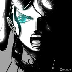 Rule 34 | 1girl, aboude art, black background, blue eyes, close-up, commentary, eyewear on head, facing viewer, greyscale, hair slicked back, instagram logo, instagram username, limited palette, long hair, looking at viewer, monochrome, multicolored hair, nico robin, one piece, open mouth, partially colored, portrait, sidelighting, sidelocks, signature, simple background, solo, two-tone hair, white background