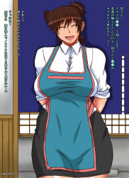 Rule 34 | 1girl, ajiyoshi noriko, apron, breasts, brown hair, character request, closed eyes, curvy, highres, huge breasts, mature female, noren, open mouth, papepox2, plump, shiny skin, short hair, skirt, smile, solo, source request, tight clothes, translation request