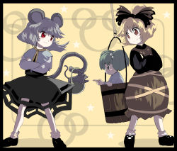 Rule 34 | 3girls, animal ears, basket, blonde hair, bucket, female focus, full body, green eyes, green hair, grey hair, in bucket, in container, kisume, kurodani yamame, mouse (animal), mouse ears, mouse tail, multiple girls, nazrin, red eyes, shape, standing, syope, tail, touhou