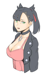 Rule 34 | 1girl, black choker, black hair, black jacket, breasts, choker, cleavage, creatures (company), disgust, dress, dyun, game freak, green eyes, hair horns, highres, jacket, large breasts, looking at viewer, marnie (pokemon), medium hair, nintendo, open clothes, open jacket, parted lips, pink dress, pokemon, pokemon swsh, simple background, solo, twintails, upper body, white background