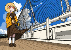 1girl absurdres aircraft airplane airport blonde_hair brown_hat brown_shoes brown_skirt closed_mouth cloud commentary contrail day emesan_desu fence hat highres holding holding_hat holding_unworn_clothes jacket long_sleeves medium_hair open_clothes open_jacket orange_eyes original outdoors people pleated_skirt shoes skirt smile socks solo_focus standing unworn_hat unworn_headwear white_socks wide_shot wind yellow_jacket zipper