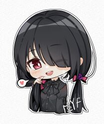 Rule 34 | 1girl, black hair, black ribbon, chibi, date a live, goth fashion, hair between eyes, hair over one eye, heart, highres, looking at viewer, low twintails, one eye closed, open mouth, red eyes, ribbon, solo, speech bubble, spoken heart, teeth, tokisaki kurumi, twintails, upper teeth only, yangfan